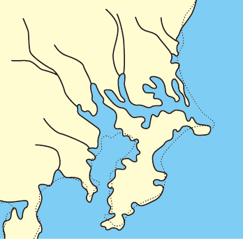 霞ヶ浦河川事務所が示す縄文海進期の関東の水域の模式図。海が現在より内陸へ入り込んだ様子を表す。