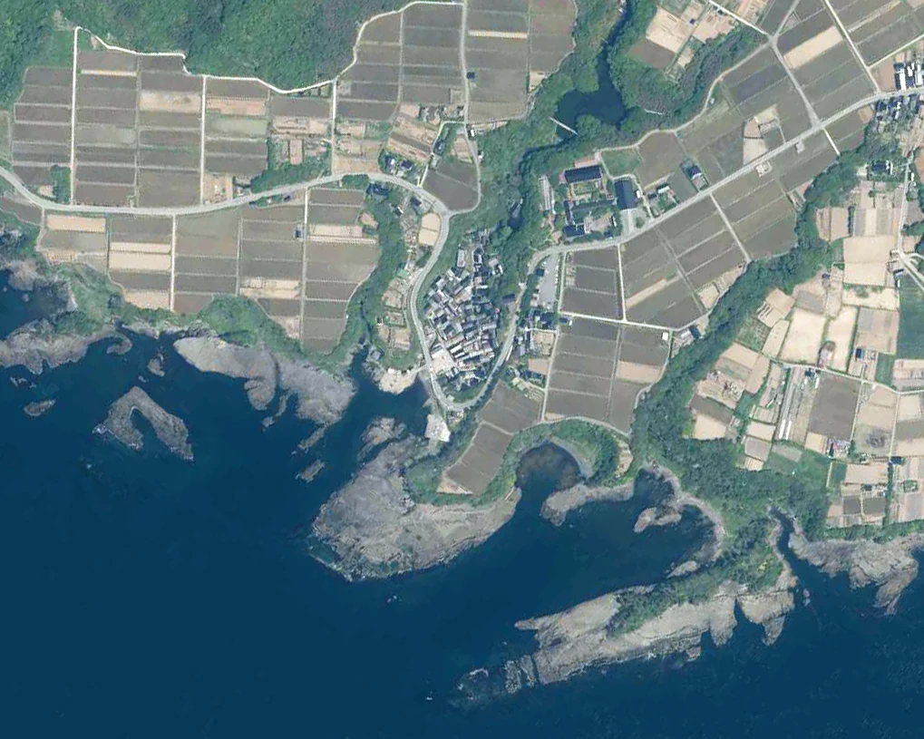 海に面した狭い谷に家が集まり、周囲の台地に田畑が広がる宿根木の空中写真