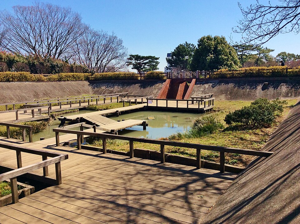 調布浄水場の沈殿槽を転用した多摩川台公園の水生植物園。コンクリートの槽と木道が見える。