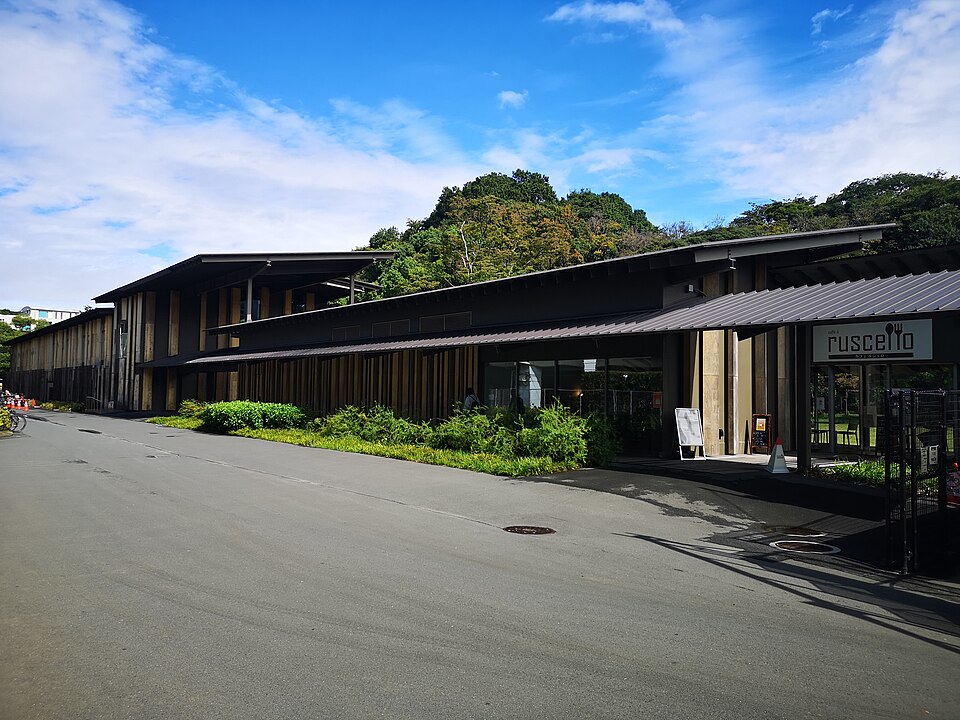 田園調布せせらぎ館の外観。分割された屋根が公園の緑に沿って続く。