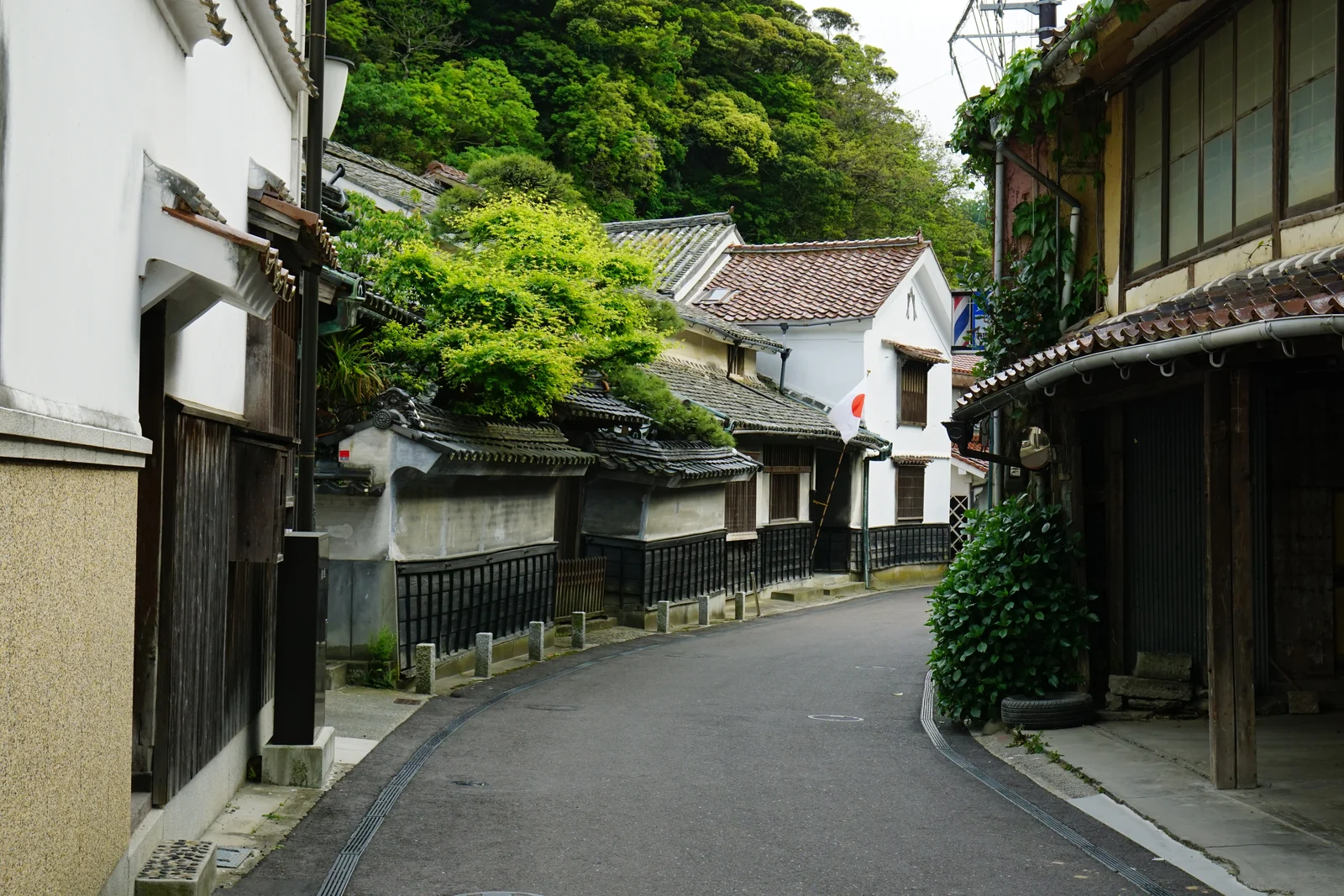 曲がる道に沿う温泉津の町家と背後の丘陵
