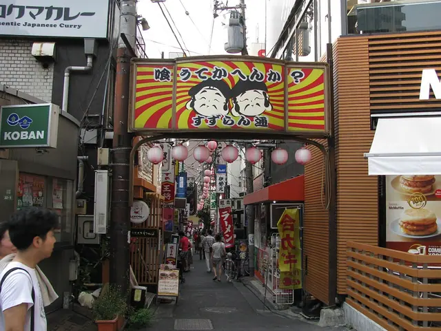 三軒茶屋のすずらん通の入口。看板の奥に店舗や提灯が続く、2011年の街路。