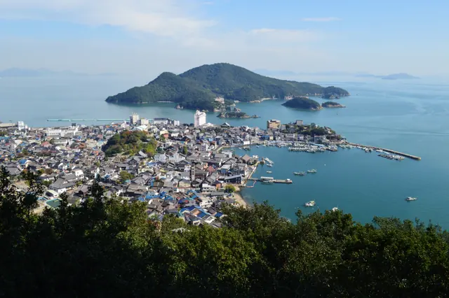 山側から見た鞆の町並みと港、沖の島々